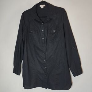 Coldwater Creek Linen Cotton Black Roll Tab Button Shirt Size 1X 16/18